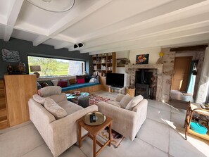 A modern living room with a sofa set, a television, a fireplace, and a bookshelf. - Beautiful South Burgundy: airy, spacious house with views, nature sports, (Saint-Bonnet-de-Joux)