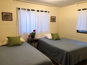Zwei Einzelbetten mit grünen Kissen, ein kleiner Tisch mit einem Blumentopf und zwei gerahmte Bilder an den Wänden.
