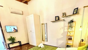 Un dormitorio con cama, televisor, armario, espejo y estante con planta.
