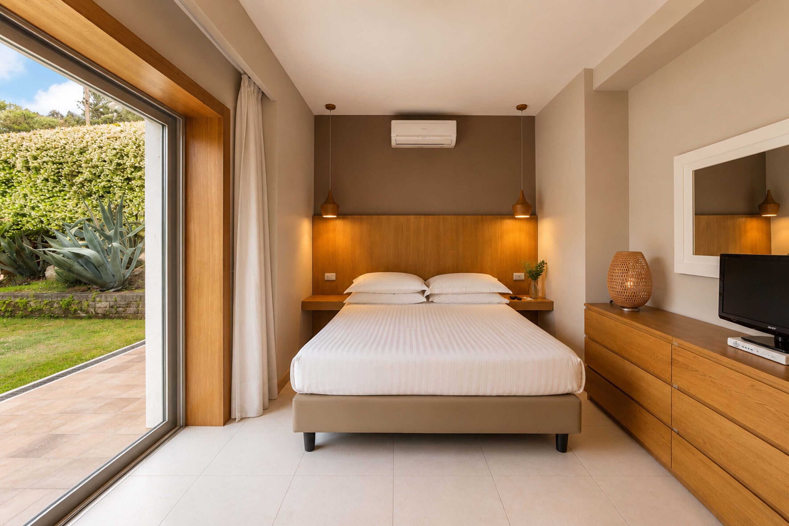 Una camera da letto con un letto, comodini, una TV e vista su un giardino.