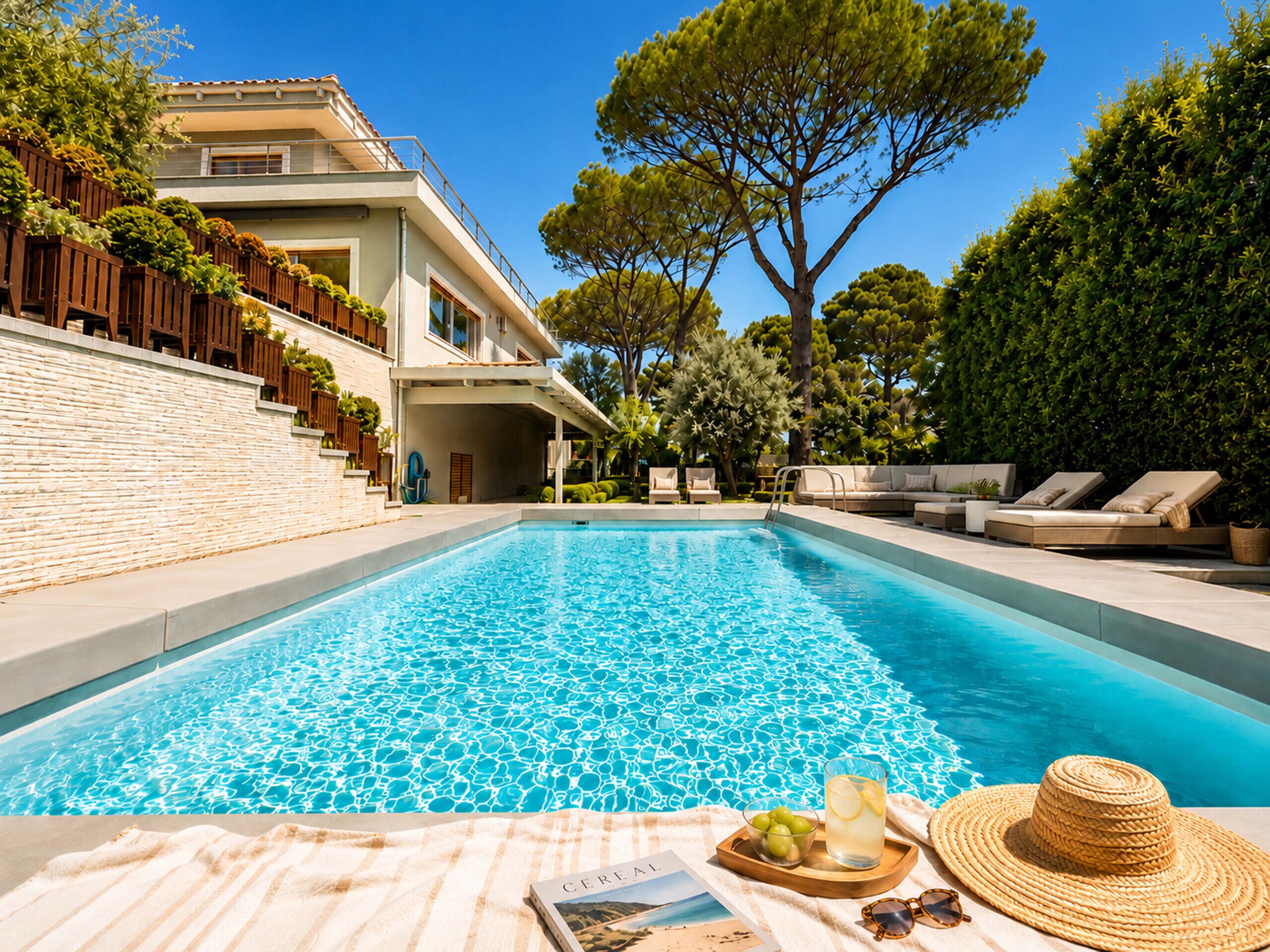 A swimming pool with lounge chairs and a book on a towel.