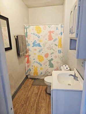 Une salle de bain avec un rideau de douche orné d’un motif représentant un lapin et des fleurs, des toilettes, un lavabo et un miroir.