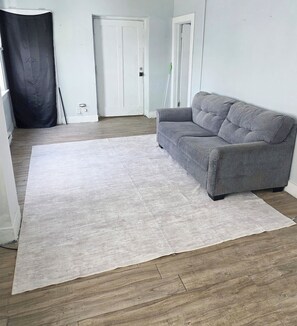 A room with a grey sofa, a large grey rug, wooden flooring, and white walls.