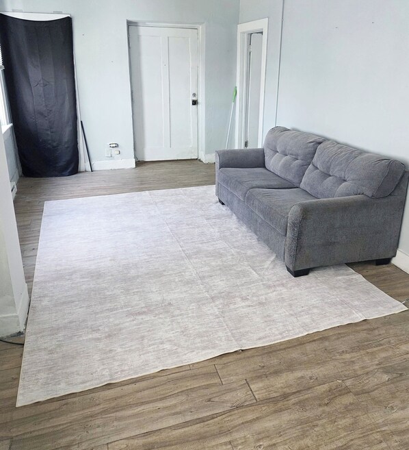 Une pièce avec un canapé gris, une grande moquette grise, un plancher en bois et des murs blancs.