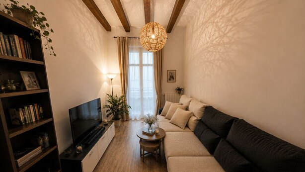 Ein Wohnzimmer mit Sofa, Fernseher, Bücherregal und einer Pendelleuchte.