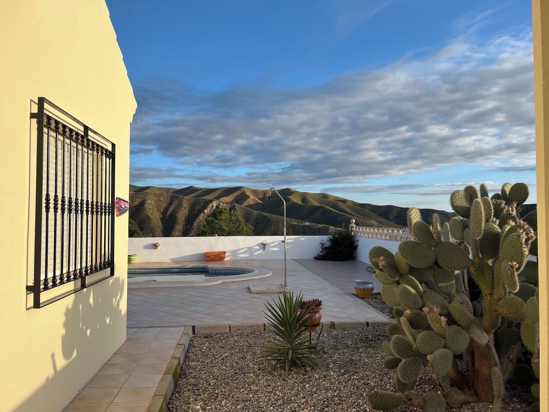 A courtyard with a cactus, a tiled patio, and a view of hills.