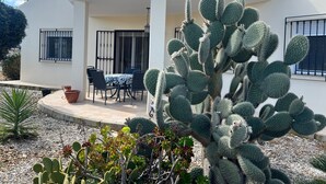 A house with a patio, a cactus in the foreground, and a table with chairs.