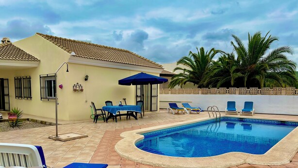 A swimming pool with lounge chairs, a table with chairs, and a palm tree.