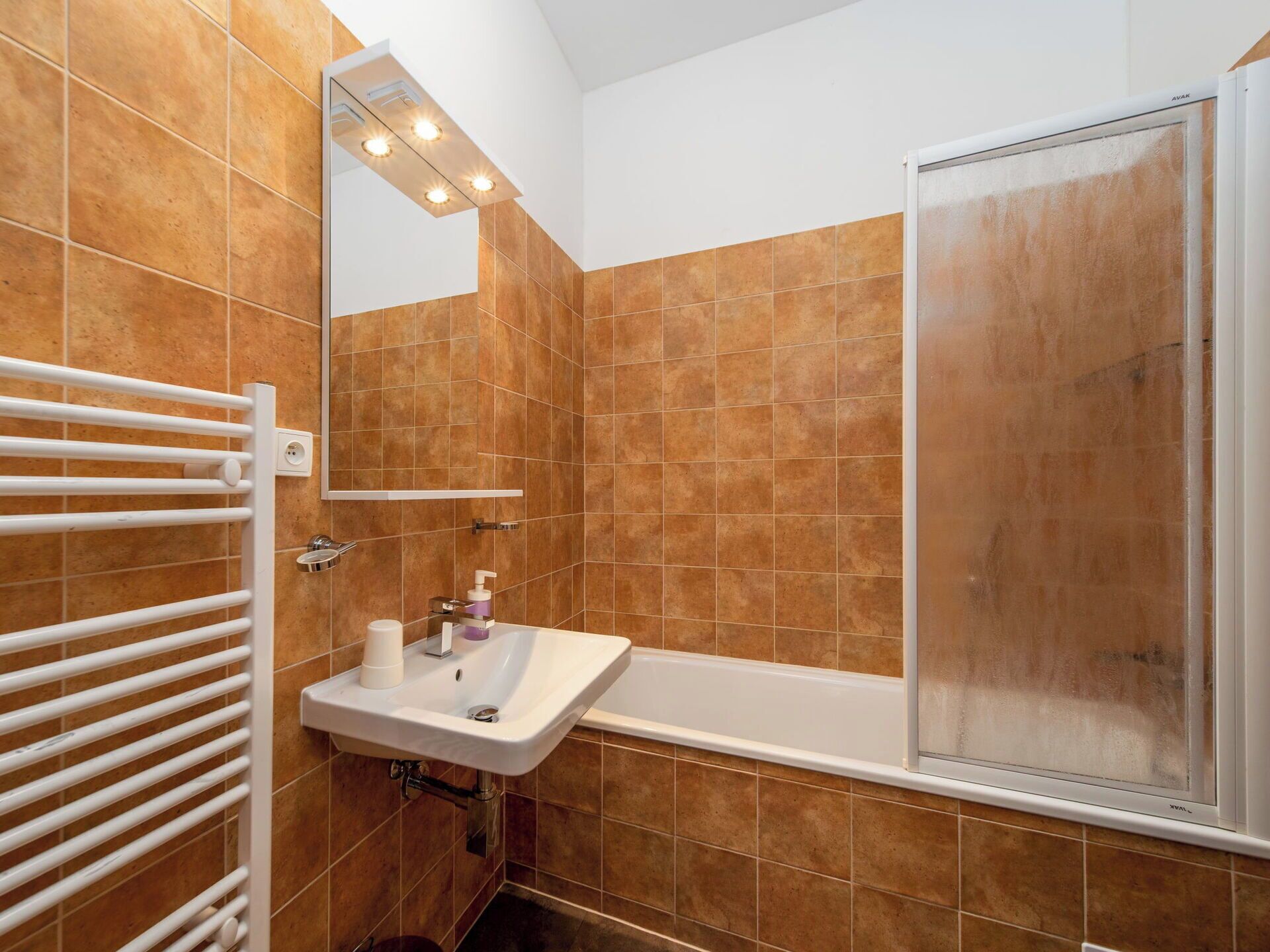 Une salle de bain avec un lavabo blanc, un miroir et une douche.