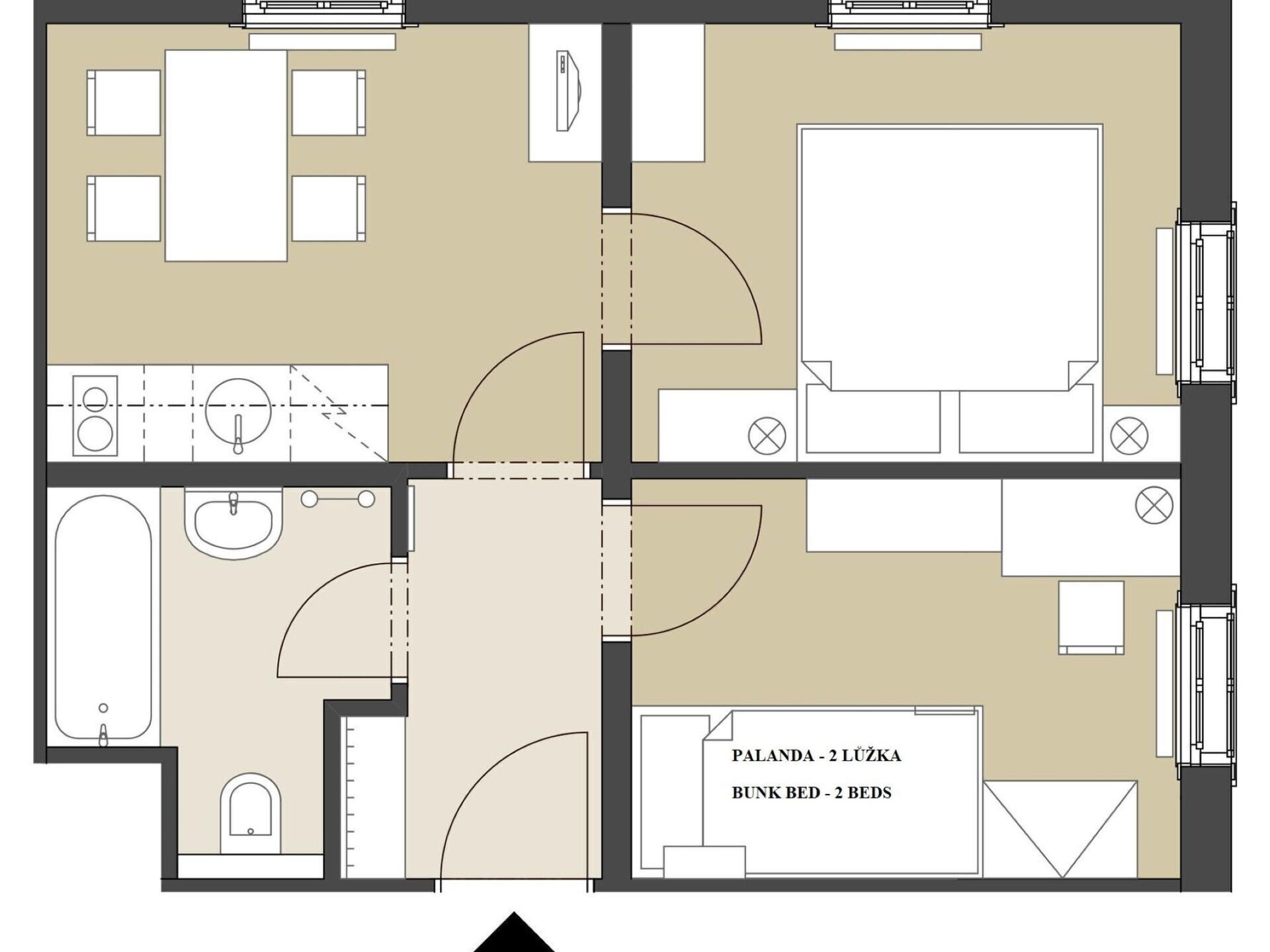Un hôtel proposant des chambres avec un salon, deux chambres à coucher, une salle de bain et un balcon.