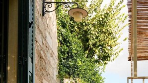 Un estrecho sendero de piedra que lleva a un edificio con una ventana con persianas verdes y una lámpara colgante.