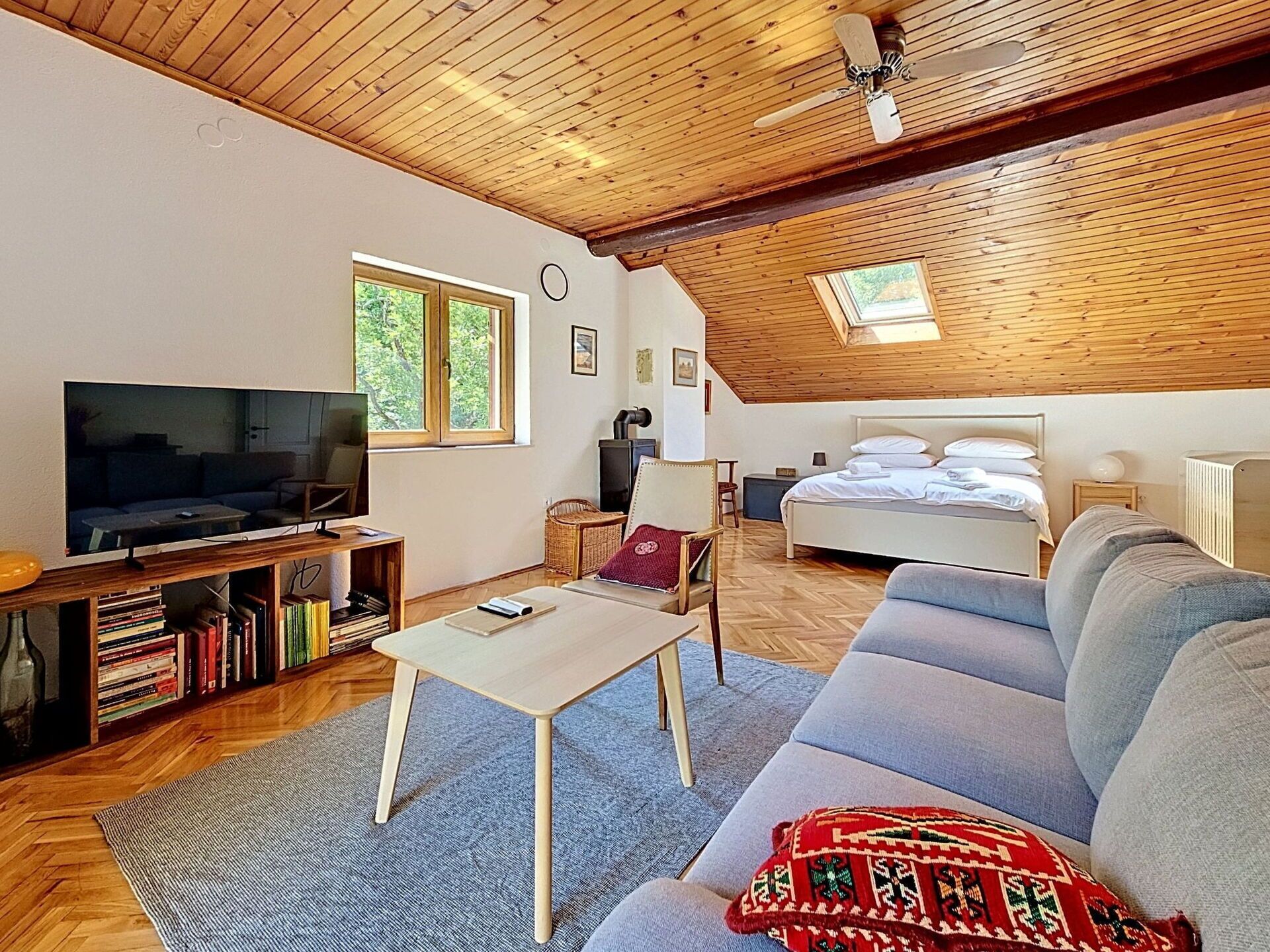 Un salon confortable avec une télévision, des étagères à livres, un canapé et un lit.