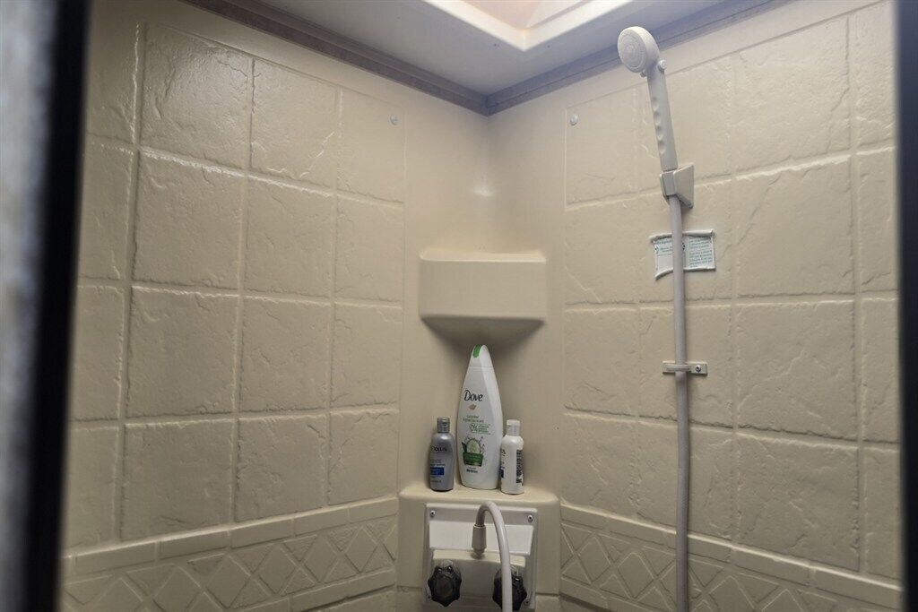 Shower, towels, soap, toilet paper