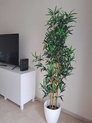 A living room with a television, a white cabinet, and a tall potted plant. - Apartment SEA & OLD TOWN VIEWS (Albufeira)