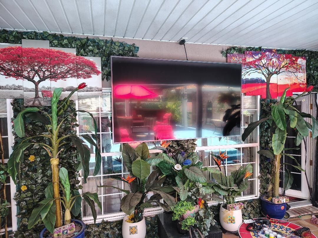 A room with a large window, potted plants, and a flat-screen TV mounted on the wall.