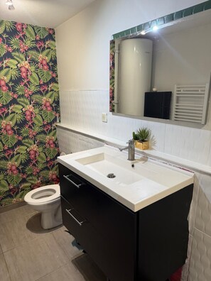 Sèche-cheveux, serviettes fournies, savon, papier toilette