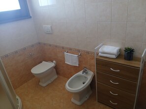 Een douche, een haardroger, een bidet, handdoeken