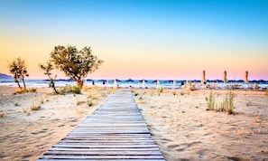 Ein Holzsteg führt zu einem Strand mit Sonnenschirmen und blauem Himmel.