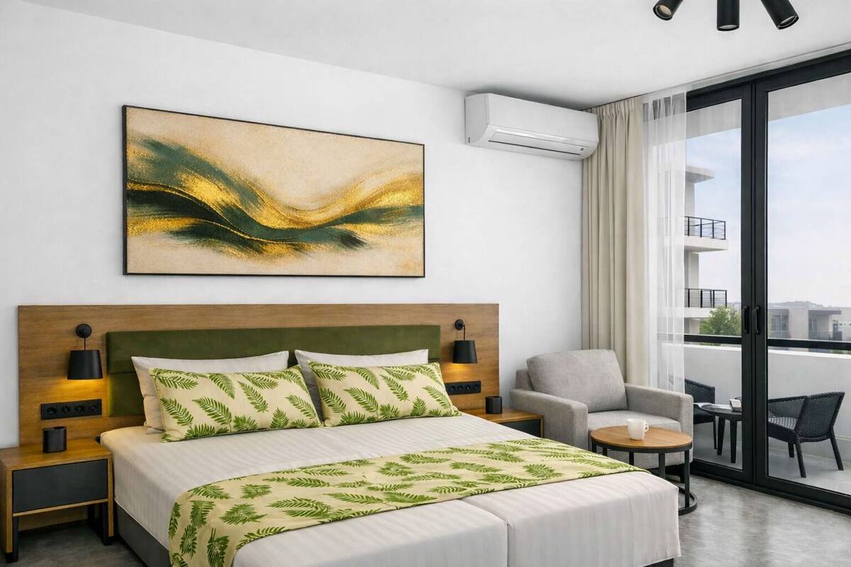 A hotel room with a bed, a chair, a small table, an air conditioning unit, and a balcony with a view.