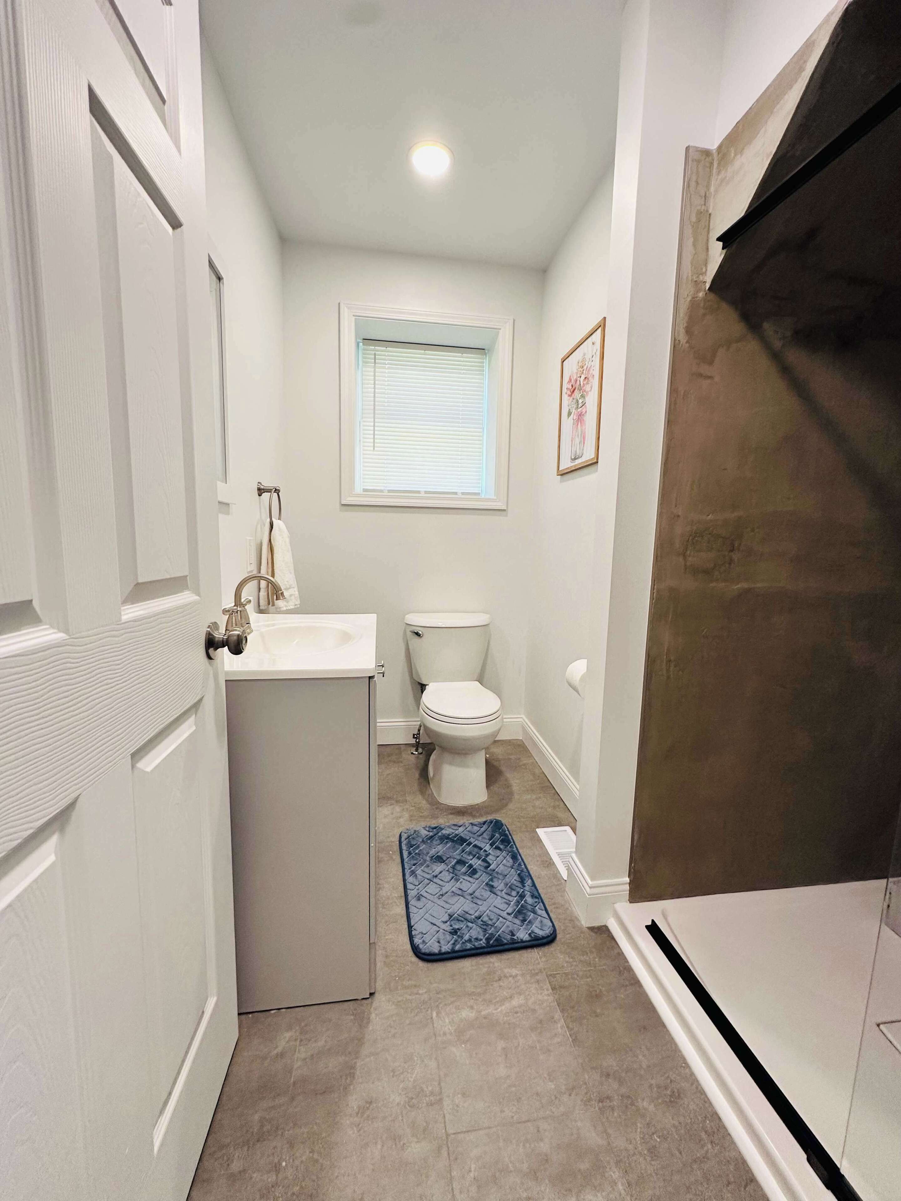A bathroom with a toilet, sink, window, and a blue rug.