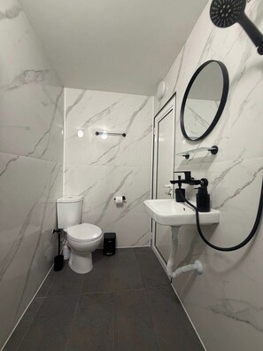 Une salle de bain équipée de toilettes, d’un lavabo et d’une douche.