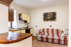 A kitchen with a wooden countertop and a sofa in a living area.