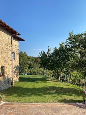 A stone building with a clear sky, a grassy yard, and trees.