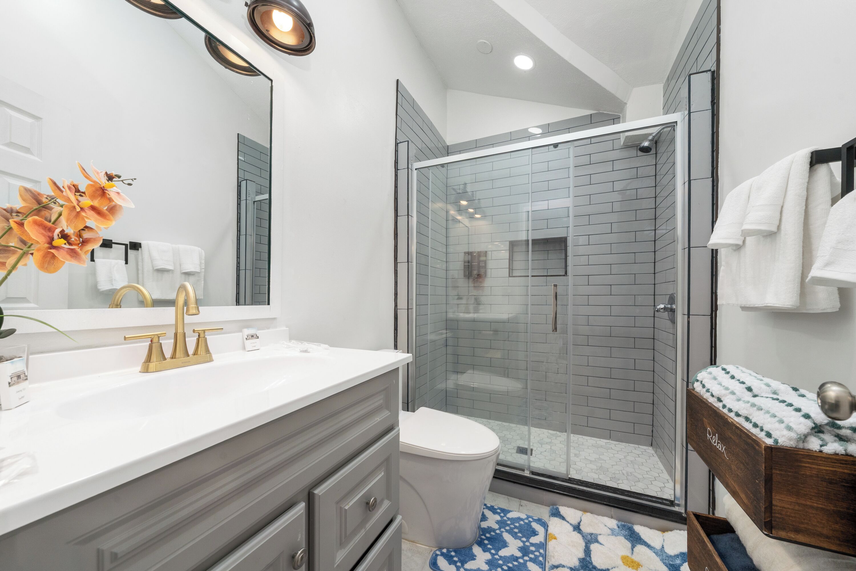 Hair dryer, towels, soap, toilet paper