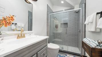 Hair dryer, towels, soap, toilet paper