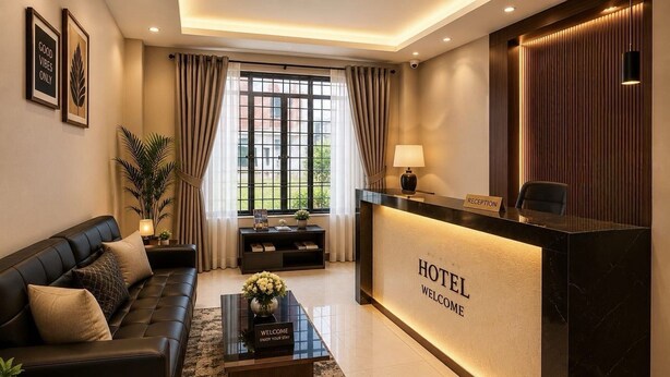 A hotel reception area with a black reception desk, a sofa, a coffee table, and a large window with curtains.