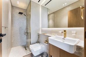 Een douche, een haardroger, een bidet, handdoeken