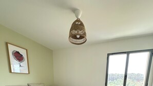 A bedroom with a bed, a round rug, a ceiling fan, a window, and a framed picture on the wall. - Comfortable villa 2 minutes from the beach with large terrace, 4 bedrooms (Biscarrosse)