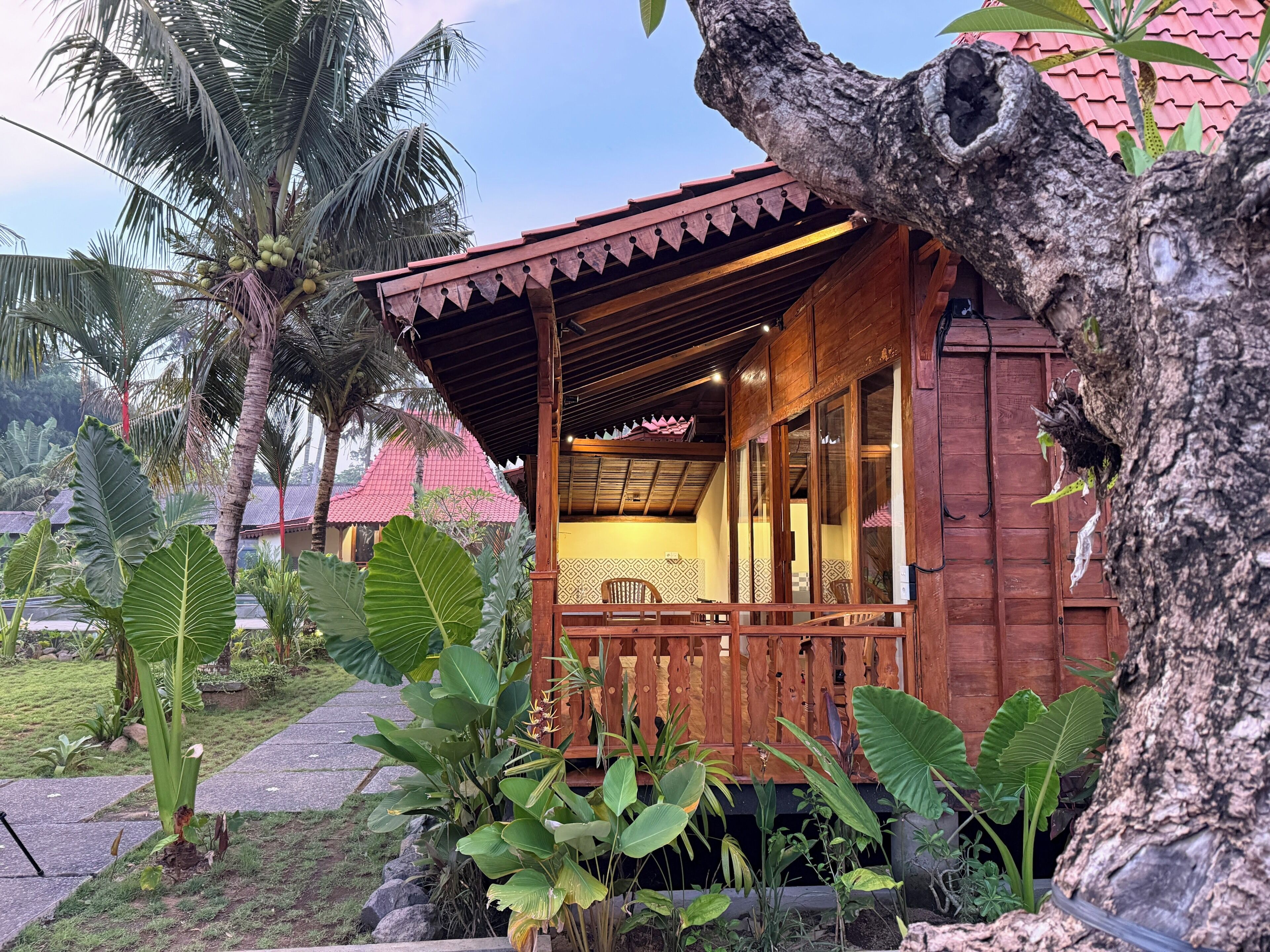 A wooden structure with a porch, surrounded by tropical plants and palm trees.