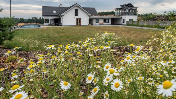 Et moderne hus med to etager, fladt tag, en overdækket terrasse og en swimmingpool i baggrunden.