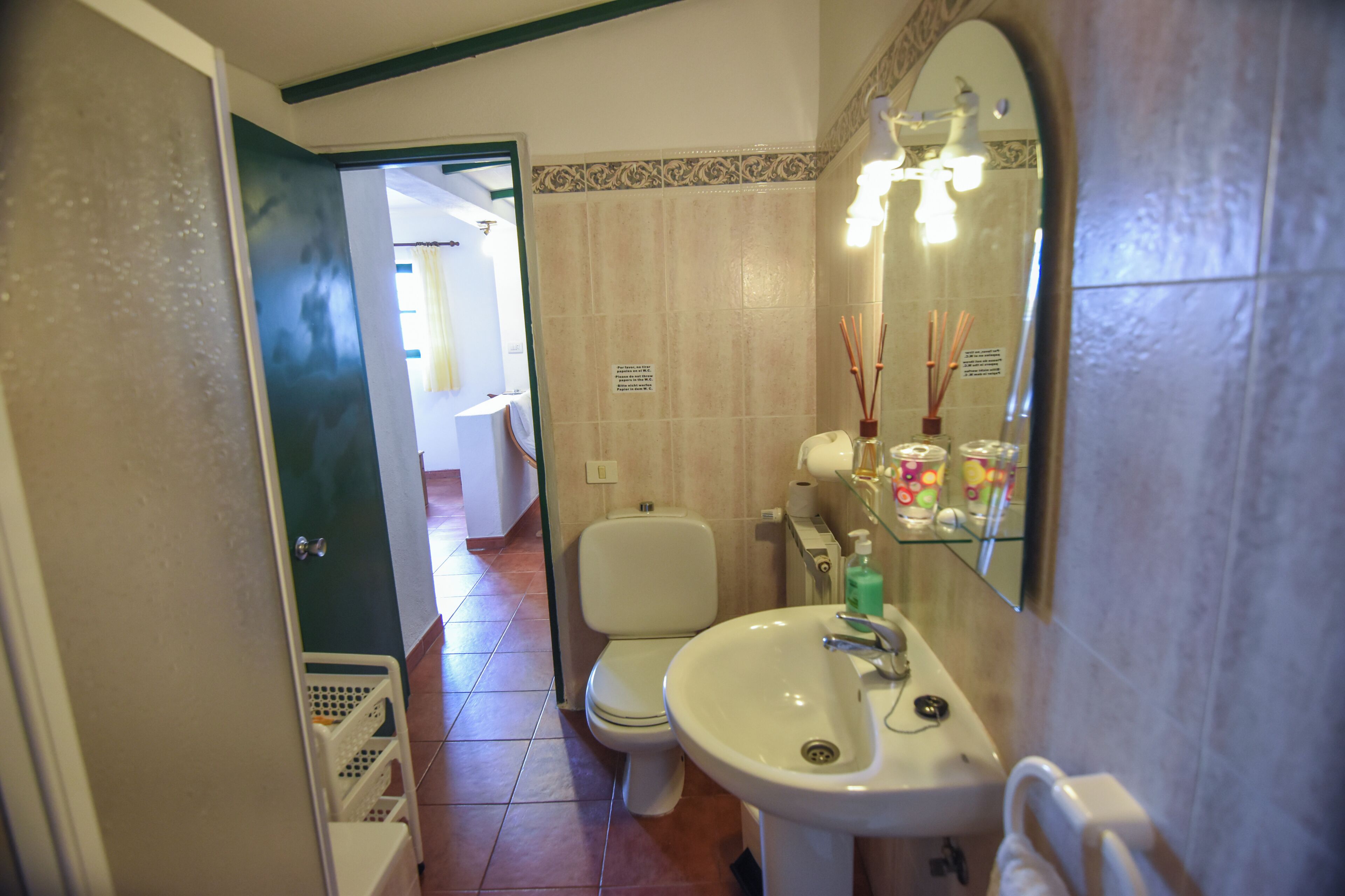 A bathroom with a toilet, sink, mirror, and a shower area.