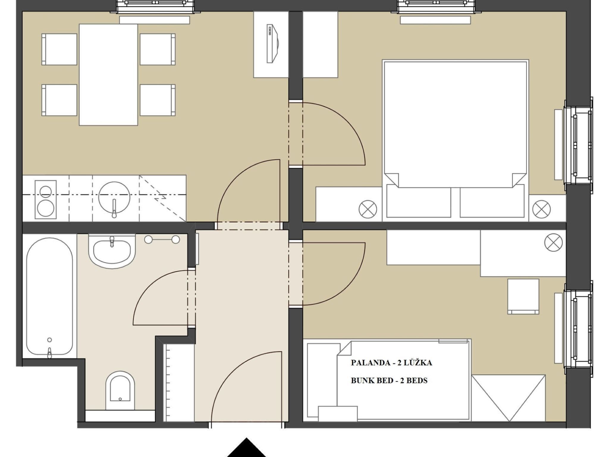Distribución de un hotel con sala de estar, dos dormitorios, un baño y un balcón.