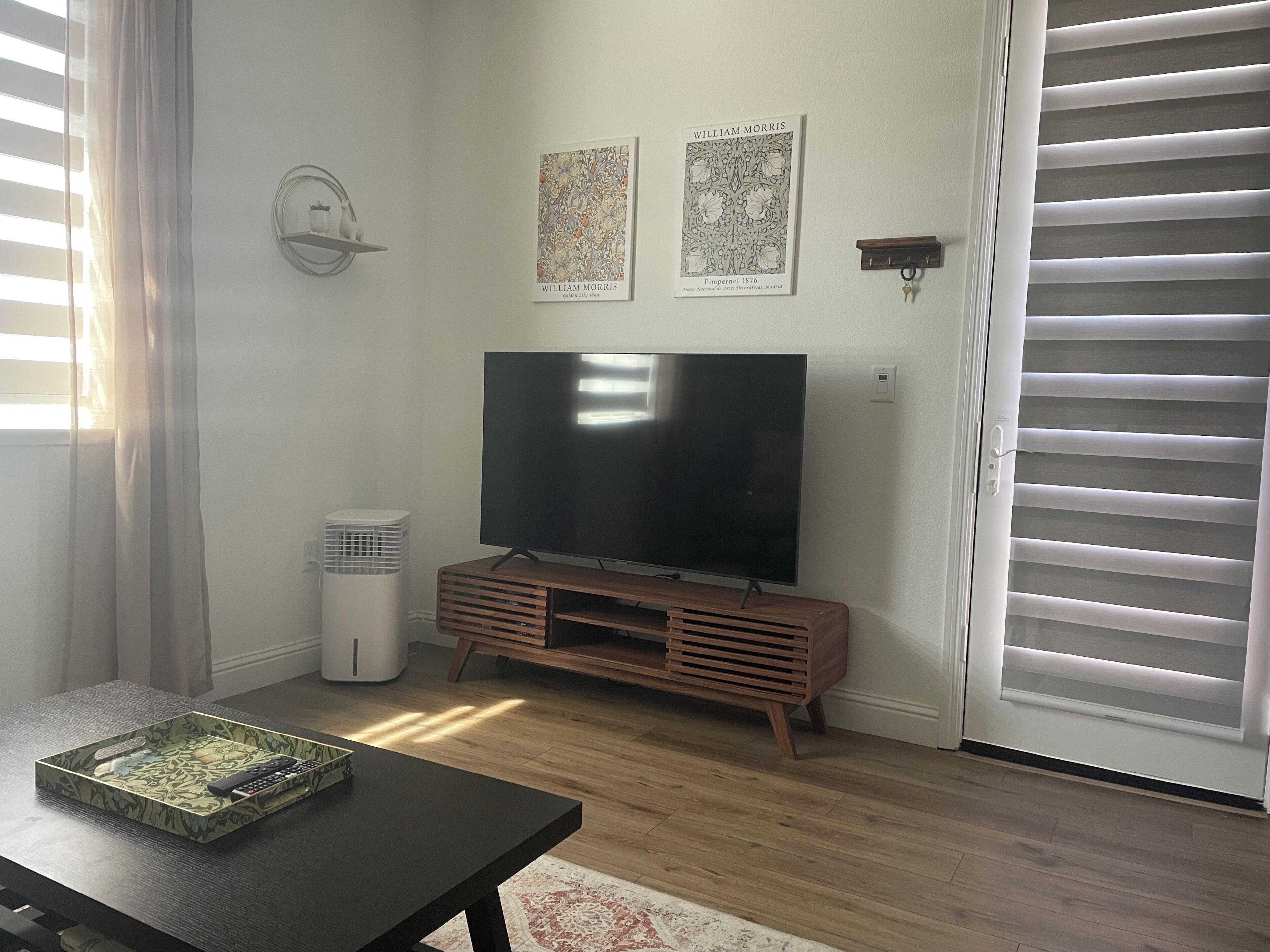 A living room with a flat-screen TV on a wooden stand, a small air purifier, and two framed artworks on the wall.