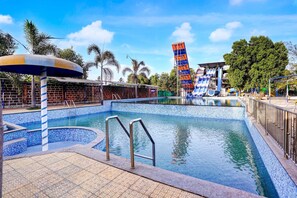 Ein Schwimmbecken mit einer gefliesten Kante, einer Wasserrutsche und einer Palme im Hintergrund.