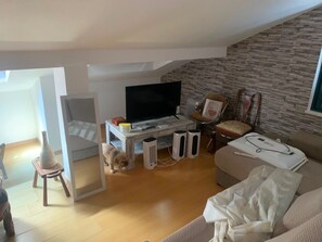 A living room with a television, a sofa, a chair, and a dog. - Sleeps4-familyfriendly-balcony (Lagoa)
