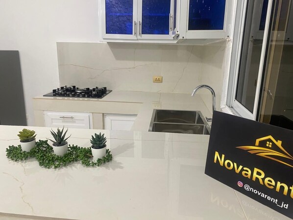 A kitchen with white cabinets, a sink, and a stove. There are small potted plants on the counter.