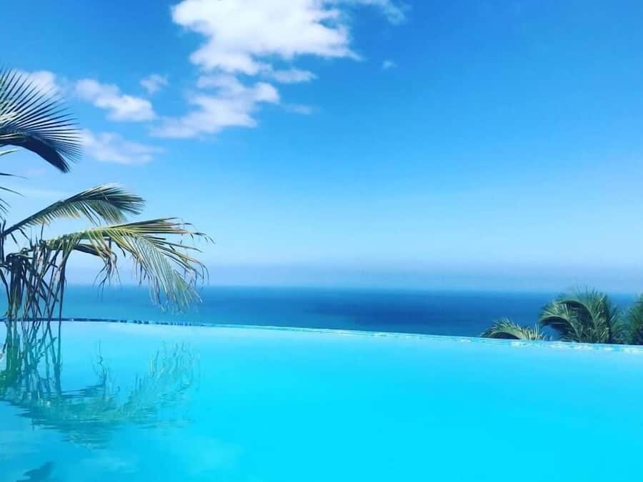 A clear blue sky, a calm ocean, and a pool with palm trees.