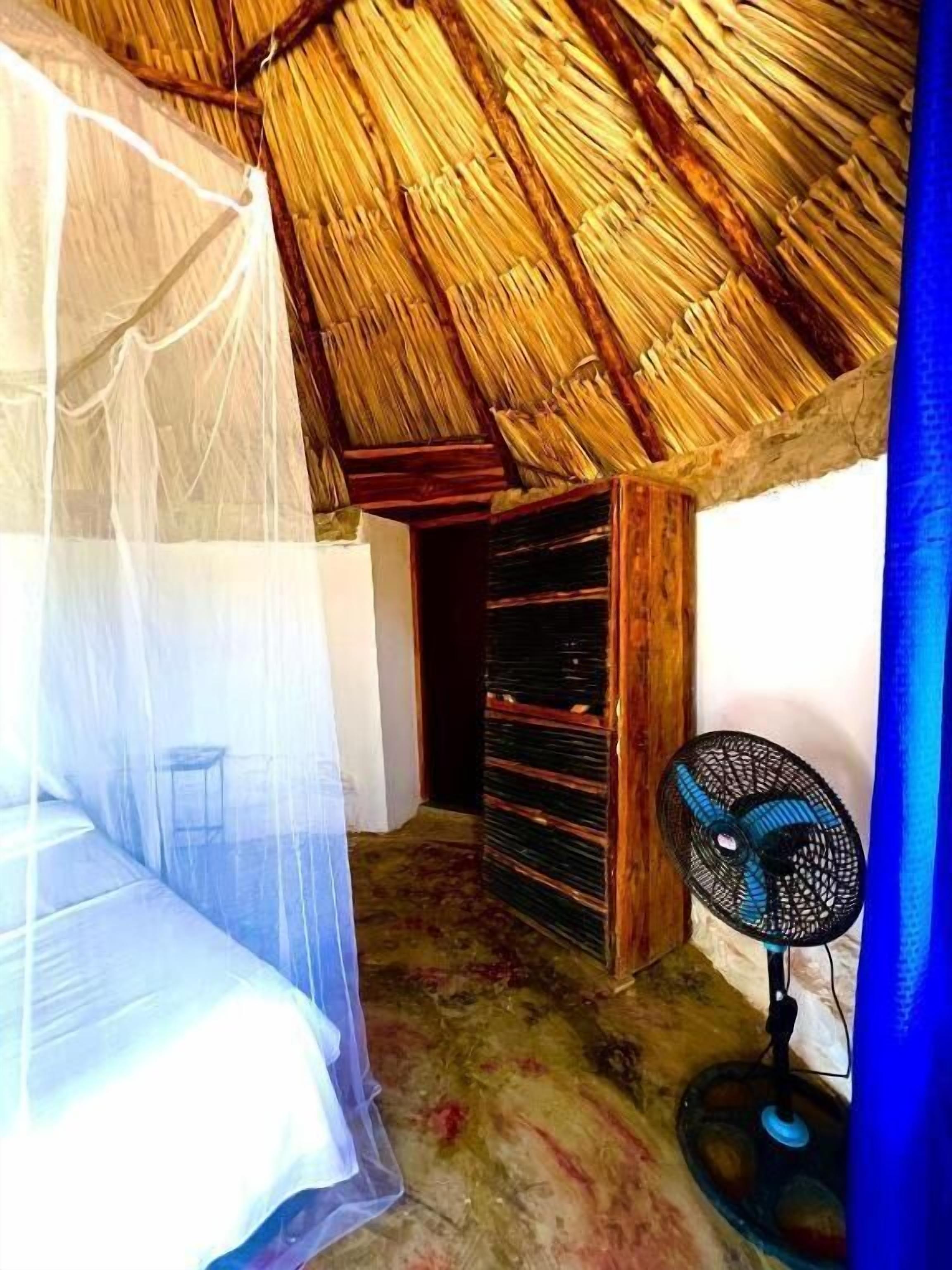 A room with a thatched roof, a bed with a mosquito net, a wooden shelf, and a standing fan.