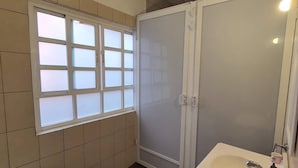 A bathroom with a toilet, a window with frosted glass, a shower area, and a sink with a mirror. - Apartment in Condesa with a Terrace (Ciudad de México)