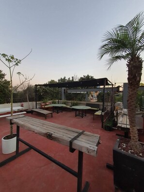 An outdoor patio area with tables and benches, surrounded by potted plants and a palm tree. - Apartment in Condesa with a Terrace (Ciudad de México)