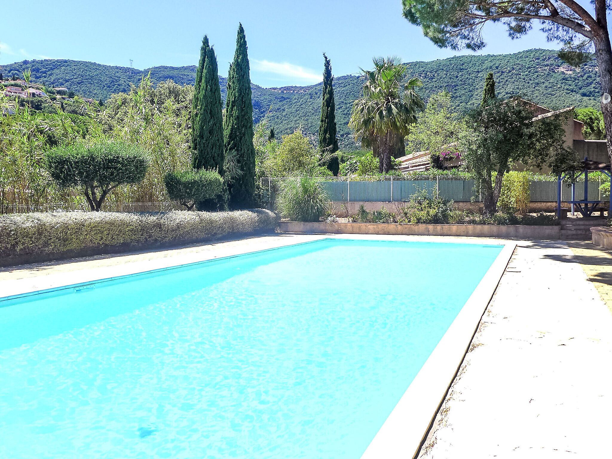 Una piscina con agua cristalina azul, rodeada de vegetación y un paisaje montañoso al fondo.