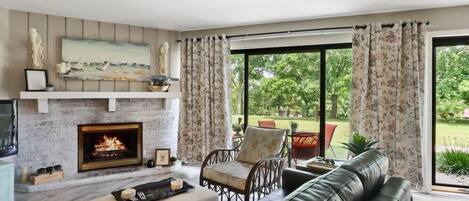 TV, fireplace, books