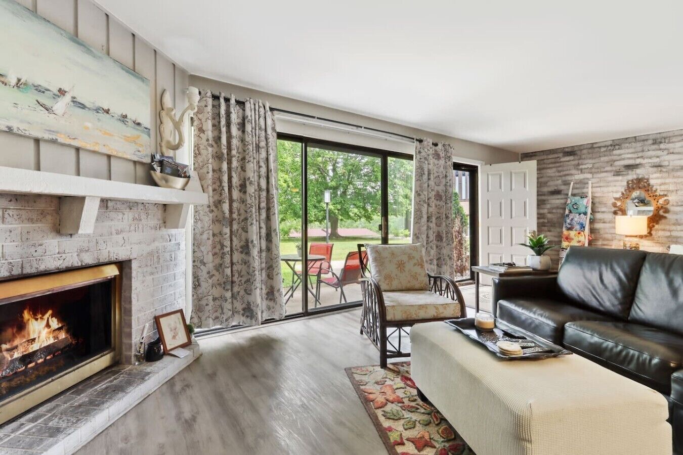 TV, fireplace, books
