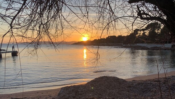 Een zonsondergang boven kalm water met een zandstrand en een stapel bladeren op de voorgrond.
