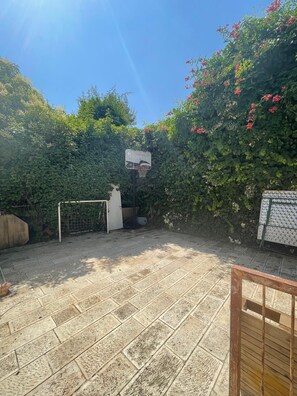 Una cancha de baloncesto con aro, rodeada de follaje y suelo de baldosas.