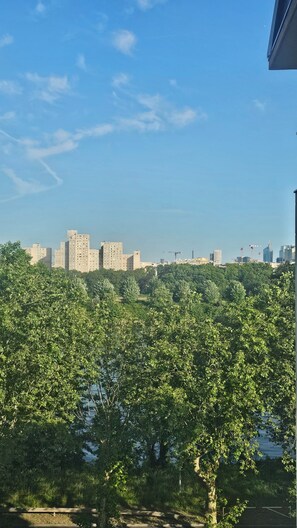 A view of a city skyline with high-rise buildings, a construction crane, and dense green trees in the foreground. - Apartment overlooking the Seine 10 minutes from La Défense (Bezons)